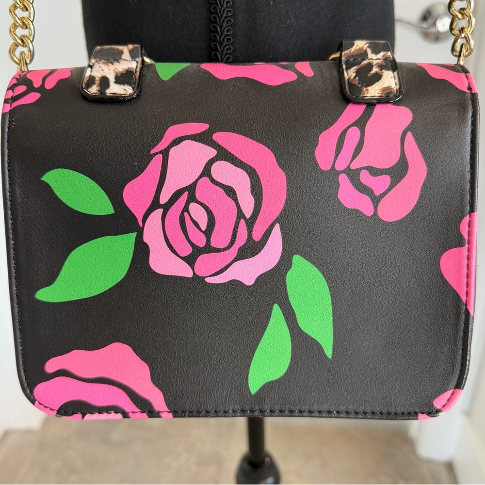 NWOT Betsey Johnson Floral Black Mini Top-Handle/Crossbody Bag with Leopard Trim - Picture 3 of 5